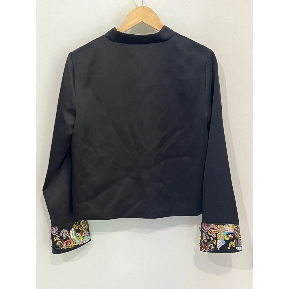 Vintage Y2K Embroidered Moto Jacket Black Silky Cropped 90s Phoenix